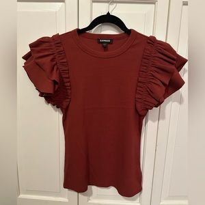 NWT Terra Cotta Ribbed Ruffled Shoulder Tee Sz Small